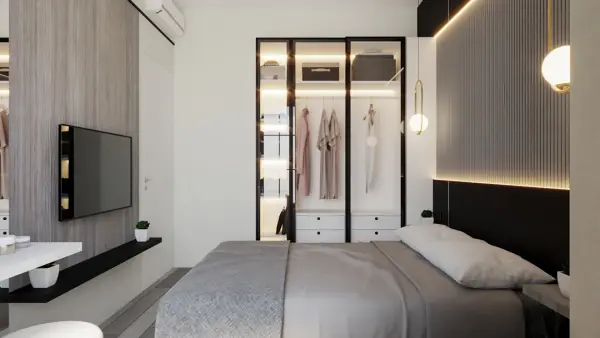 Desain Interior Kamar Tidur Utama Master Bedroom 3x3.8m: Solusi Cerdas Rumah Tipe 5x11 di Wisata Bukit Mas