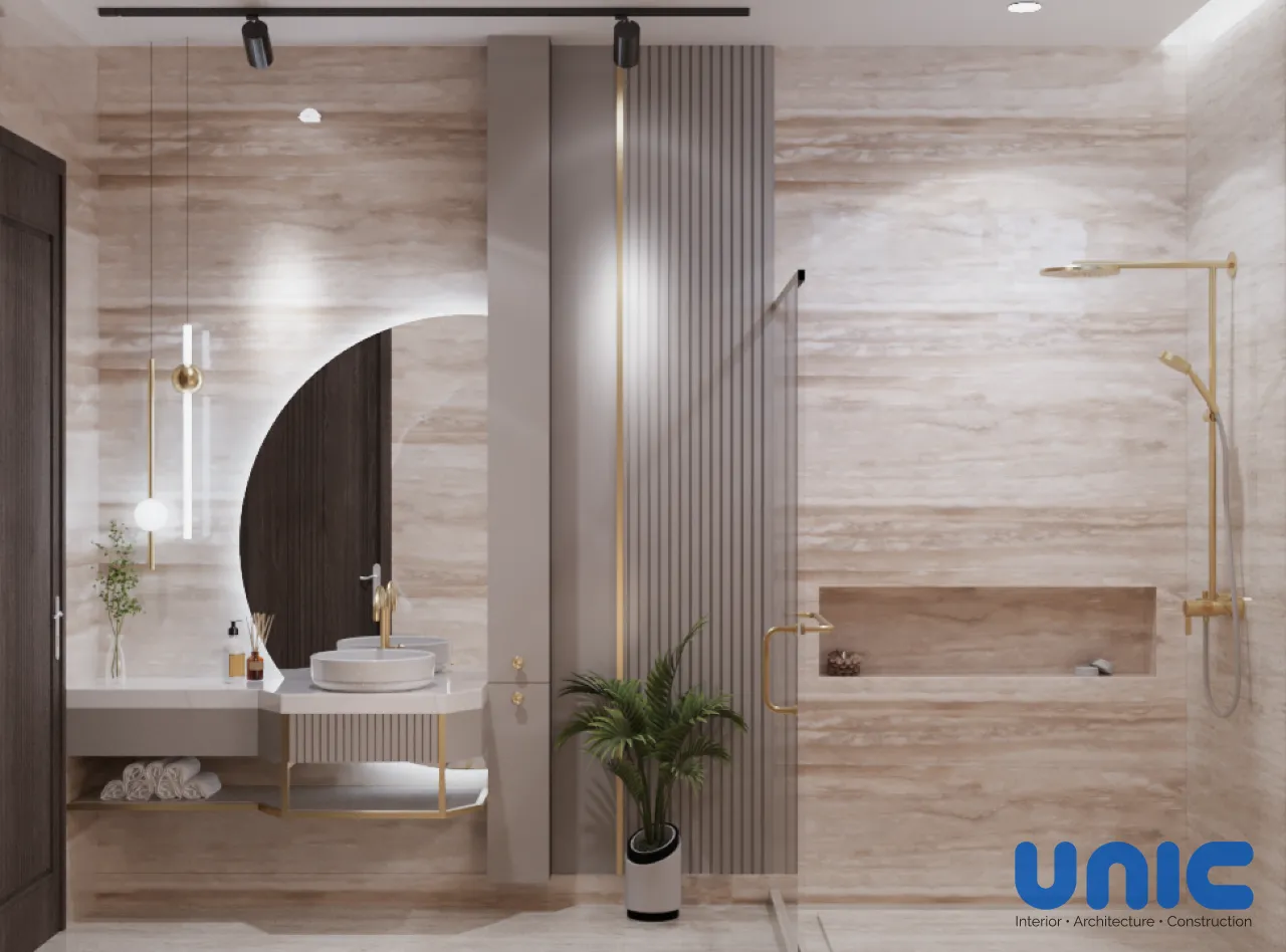 Interior Kamar Mandi Mewah Wisata Bukit Mas Surabaya: Elegan dengan Aksen Emas & Kayu - Gallery 1