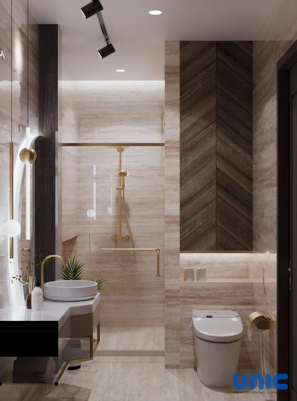 Interior Kamar Mandi Mewah Wisata Bukit Mas Surabaya: Elegan dengan Aksen Emas & Kayu - Gallery 2